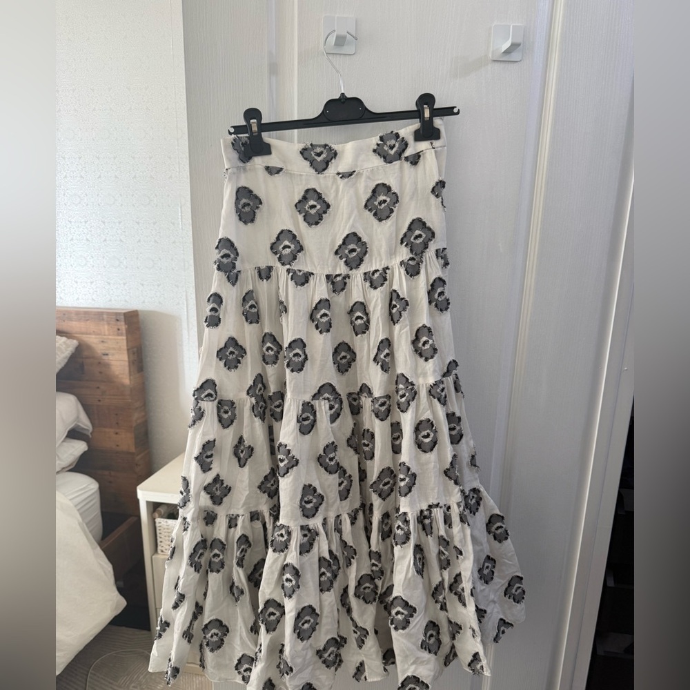Caroline Constas White Maxi Skirt with Black Floral Motif